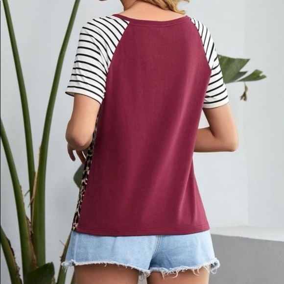 🆕LAST ONE!🛍 Leopard & Stripes Colorblock Top in Burgundy - Picture 3 of 4